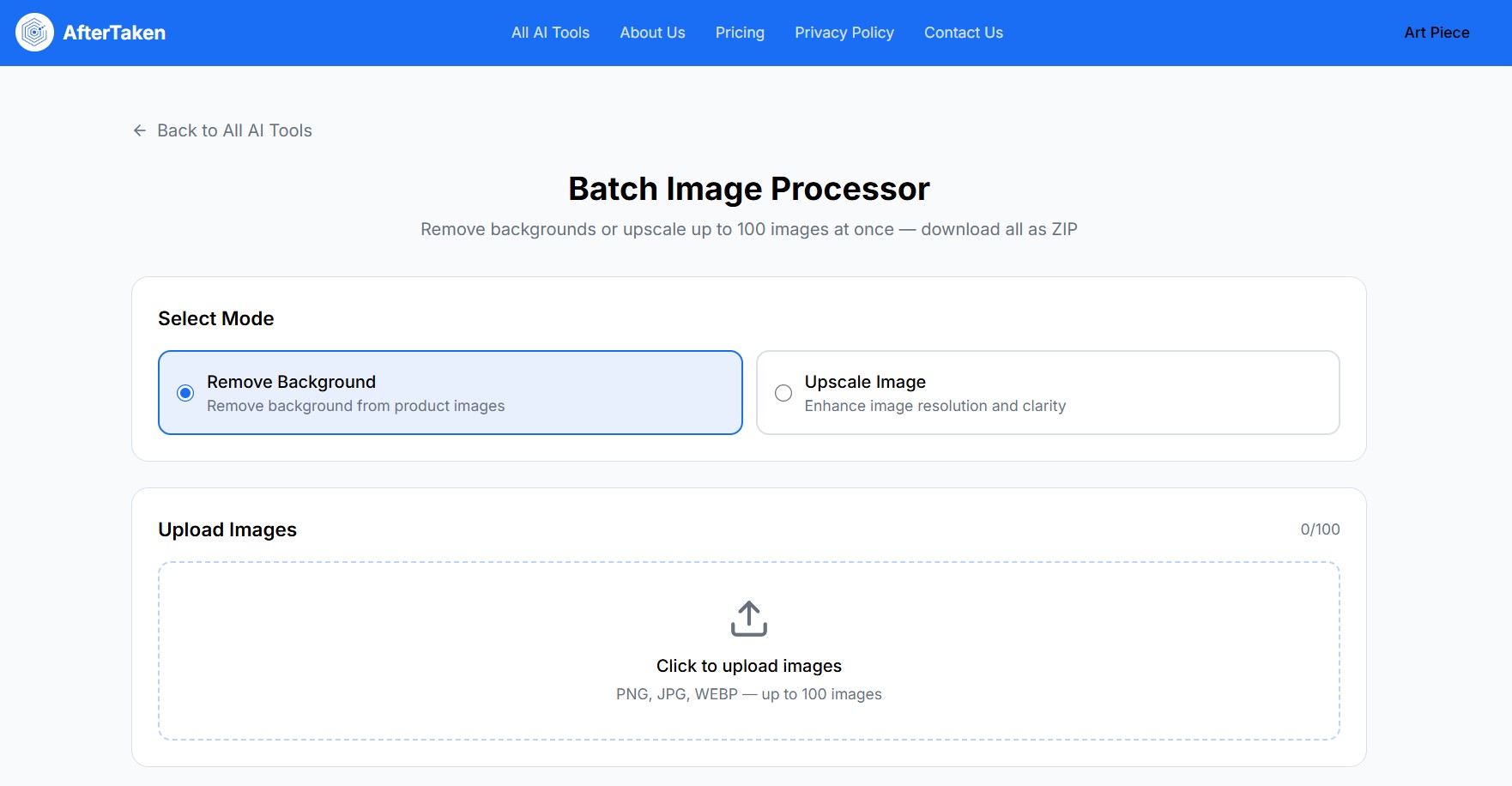 AfterTaken Batch Image Processor Background removal and upscaling