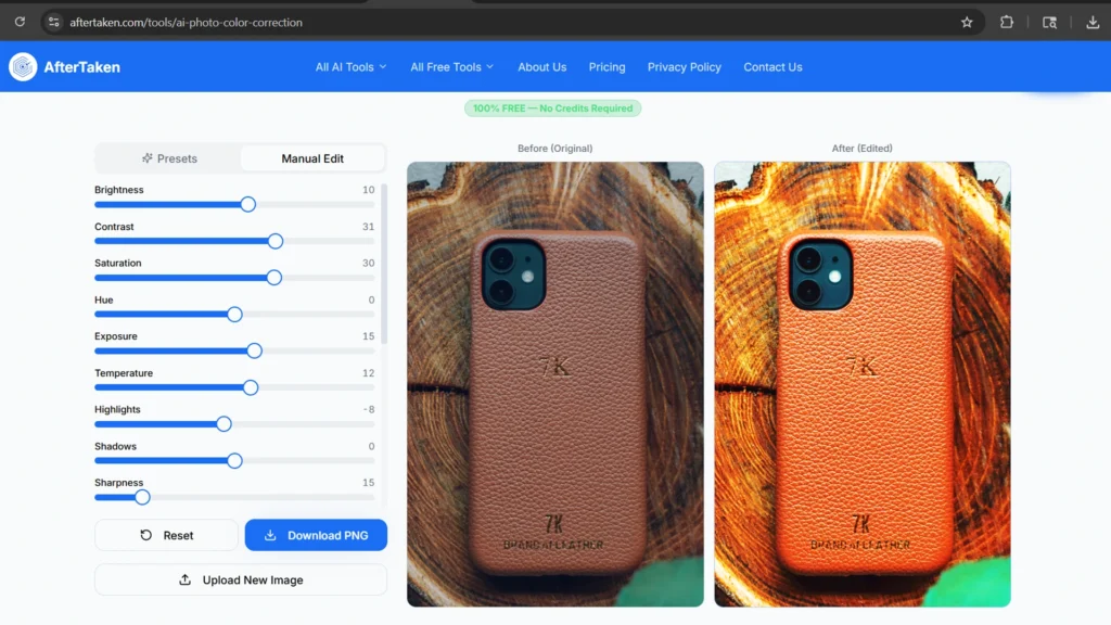 AI Photo Color Correction of phone cover showing controlling parameters of colors