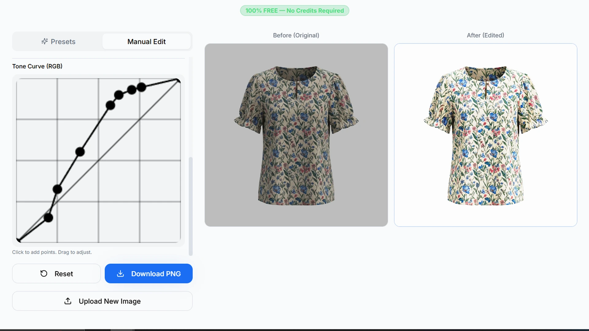 RGB curve tool in AfterTaken for AI image color correction