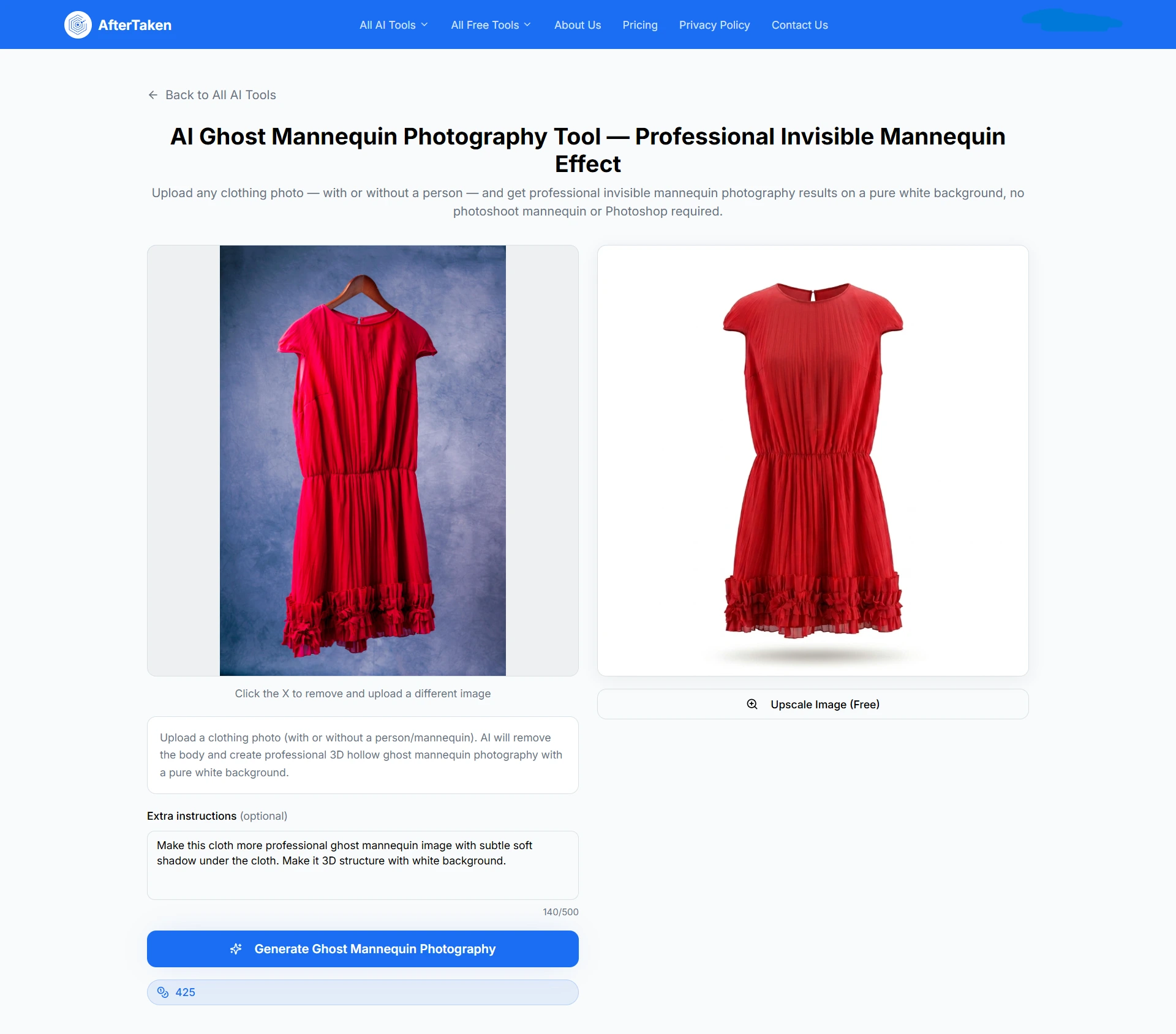 AfterTaken AI ghost mannequin photography dashboard overview