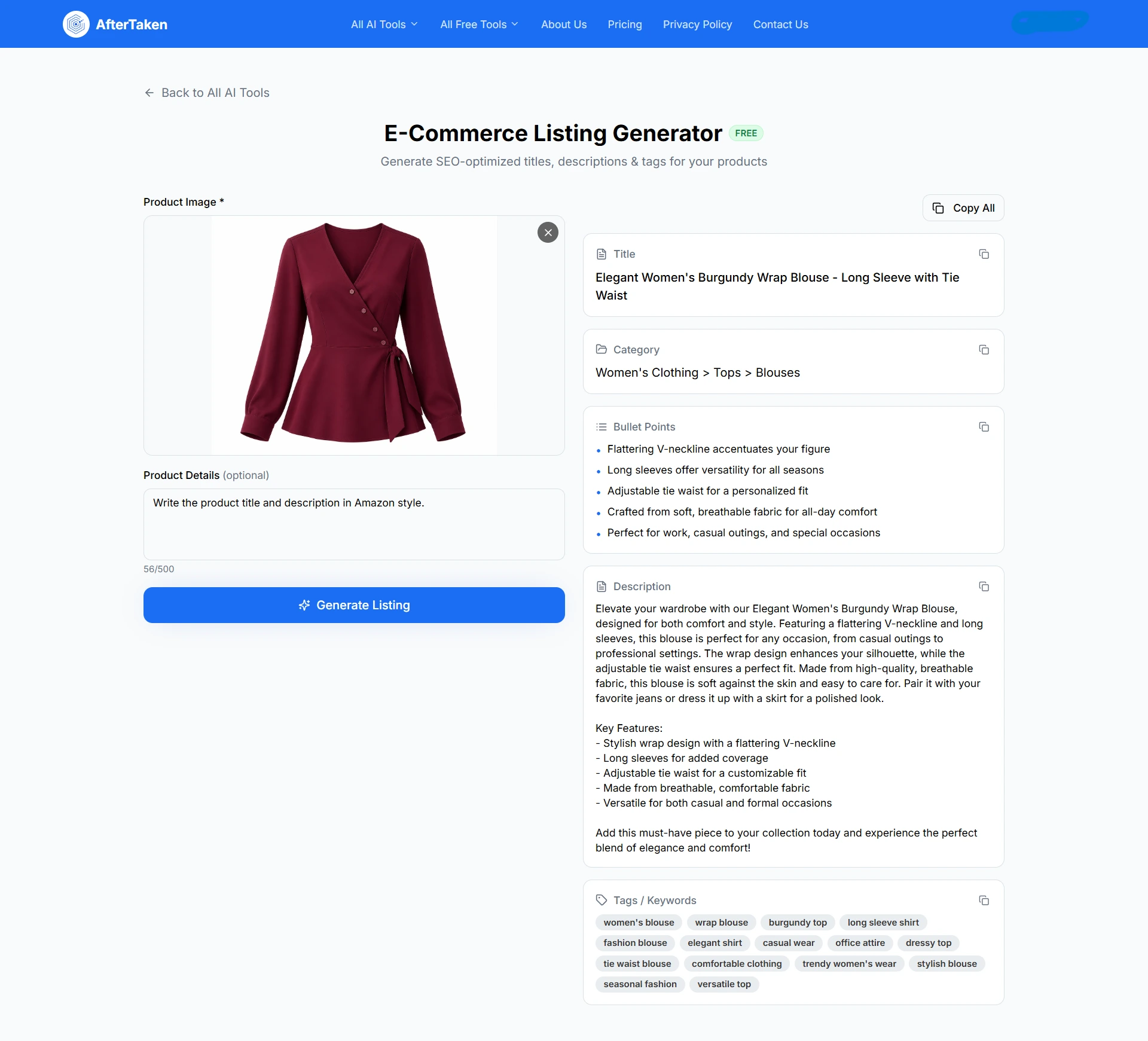 AfterTaken dashboard of AI e-commerce listing generator