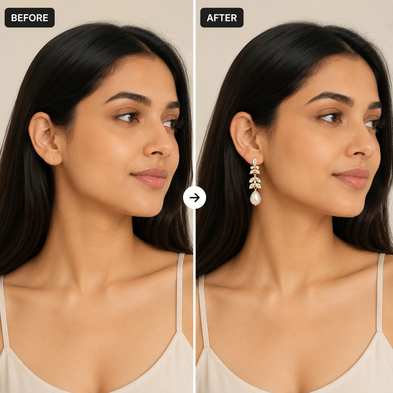 Before and After comparison of AI Earrings Try-On on a female model