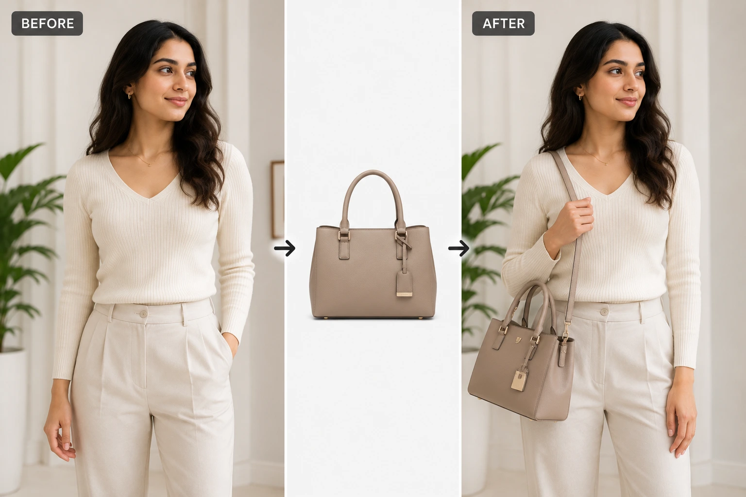 Before and After comparison of AI Woman Handbag Try-On on a female model