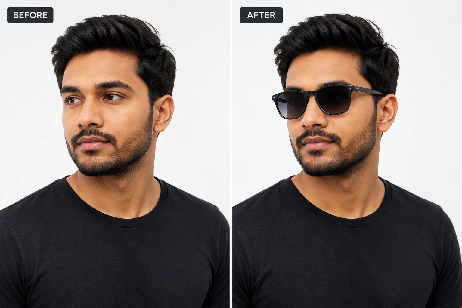 Before and After comparison of AI Sunglasses Try-On on a male model