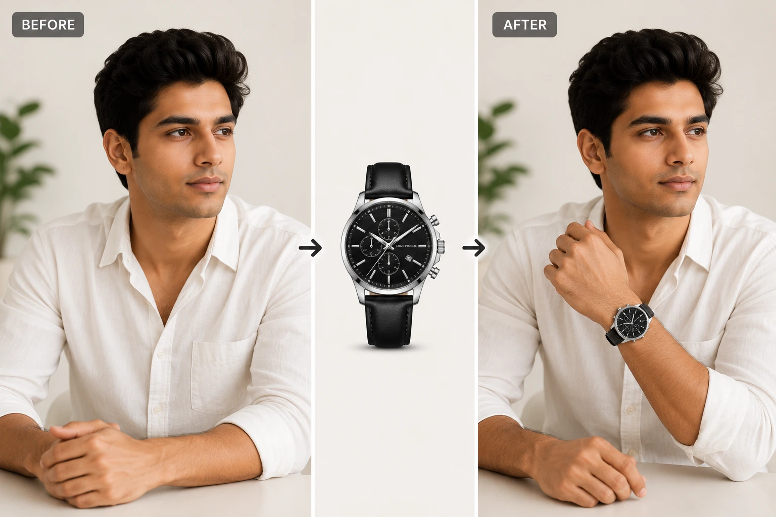 Before and After comparison of AI Wrist Watch Try-On on a male model