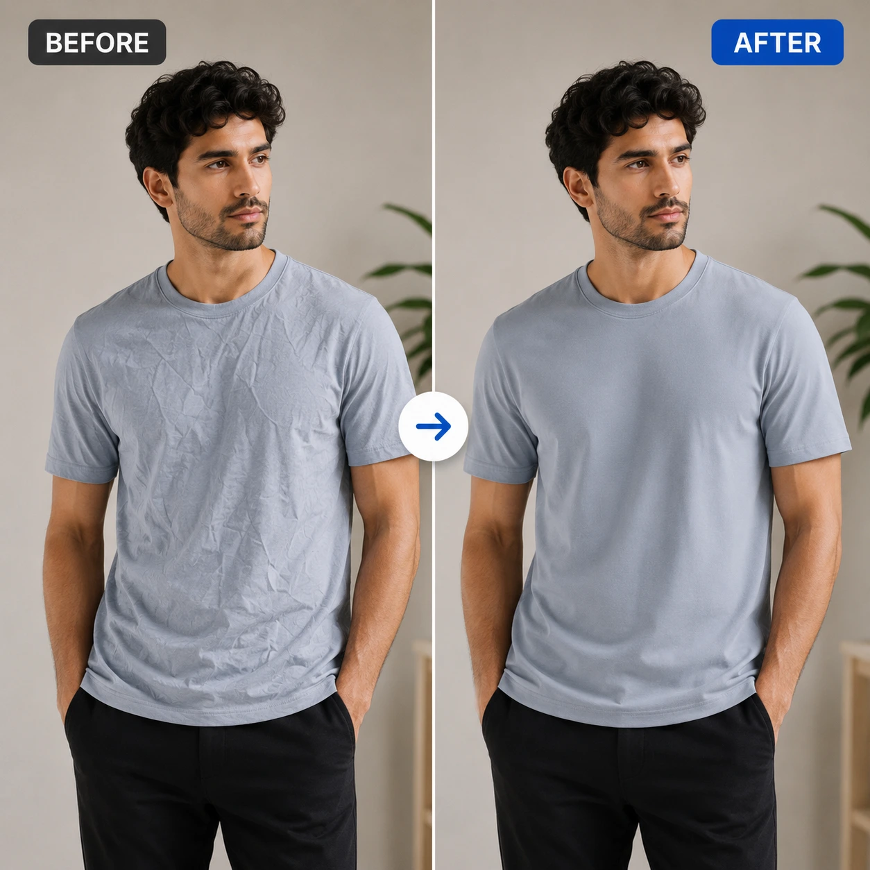 Before and After comparison of AI Clothes Wrinkle Remover on a men's t-shirt