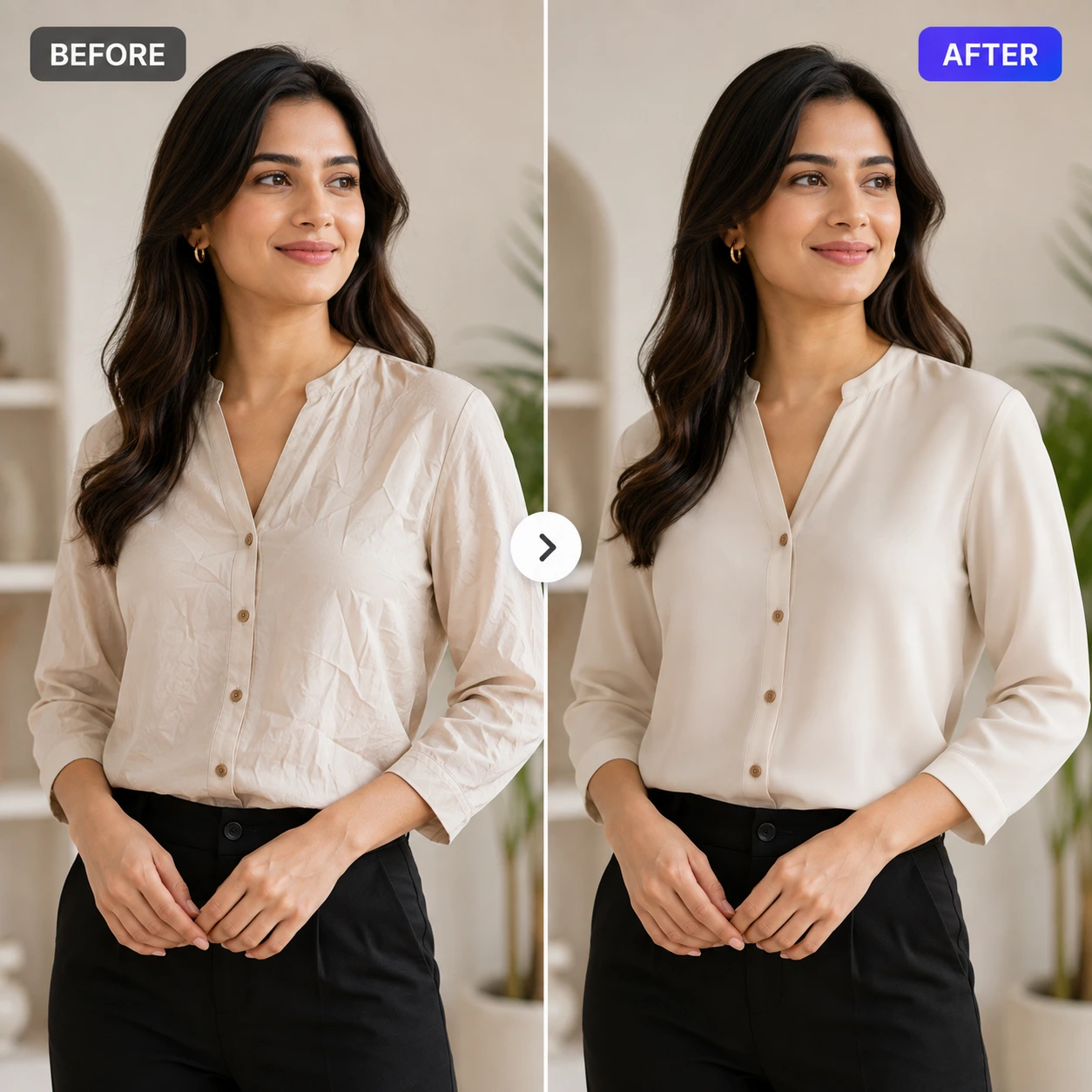 Before and After comparison of AI Clothes Wrinkle Remover on a women's beige blouse